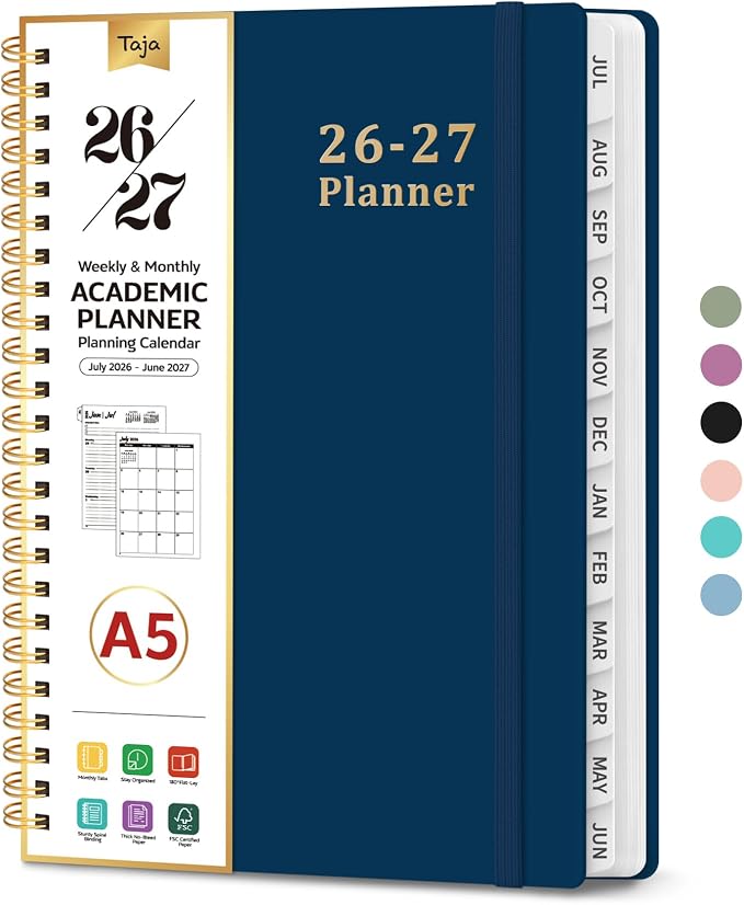 Taja Planner 2026-2027, 6.3" x 8.5" Calendar Planner, Jul 2026-Jun 2027 | A5 Hardcover Weekly & Monthly Academic Year Planner, Large Planning Agenda With Tabs, School & Office Supplies, Navy Blue