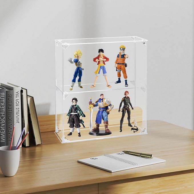 Acrylic Display Case, 2 Tier Clear Display Case for Funko Pop Figures, Wall Mounted or Desktop Dustproof Display Cabinet Box for Collectibles Action Figures Lego Models Mini Toys (12x4x13.1 inch)