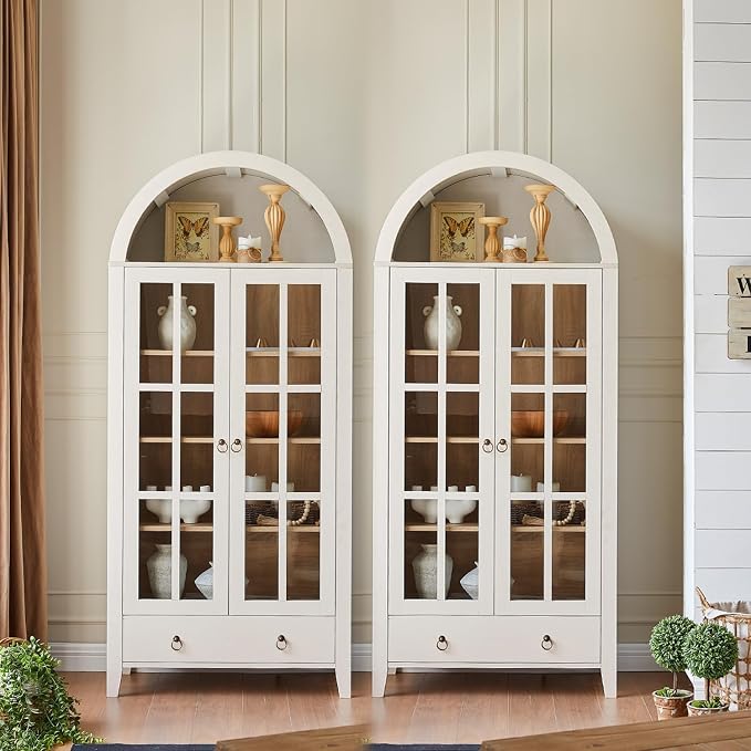 RowyPoey 71" Tall Arched Cabinet Bookshelf with Glass Door & Storage Drawer | Modern Farmhouse Display Cabinet,Adjustable Shelves,Wooden Kitchen Pantry for Dining Room,Living Room,Antique White,2 Pack