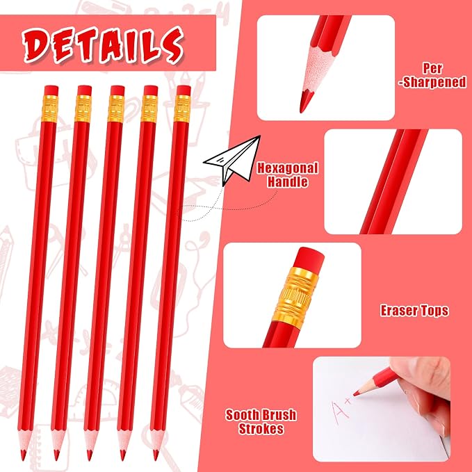 Outus 144 Pcs Red Pencils with Eraser Pre Sharpened Red Checking Correcting Pencils Erasable HB Grading for Checking Tests Grading Map Coloring Editing Writing Drawing Back to School Office Favors