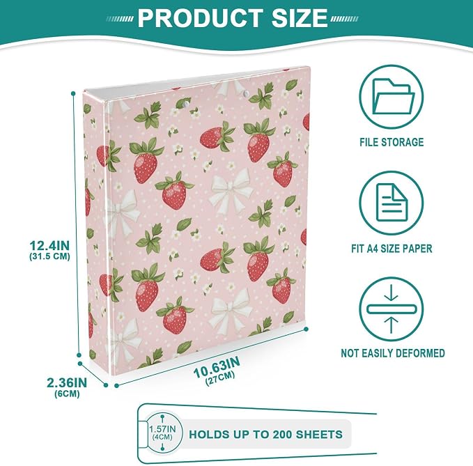 Strawberry 3 Ring Binder, 1.5 Inch Round Ring Binders Pink Clipboard Work Binders Organizer with Pockets Holds 200 Sheets for School Office Home 1 Pack