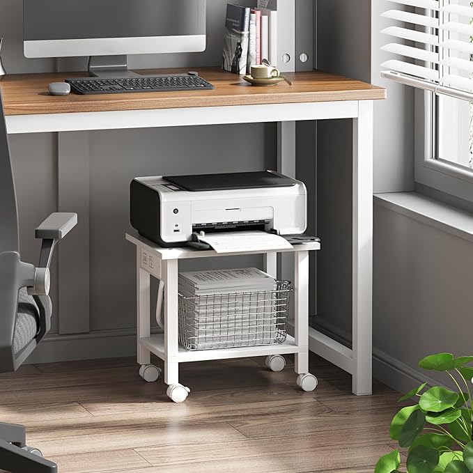 TUTOTAK Printer Stand, 2 Tier Rolling Printer Cart with Charging Station | Small Under Desk Printer Table with Wheels for Small Space, Office, Home, White PS01BW001