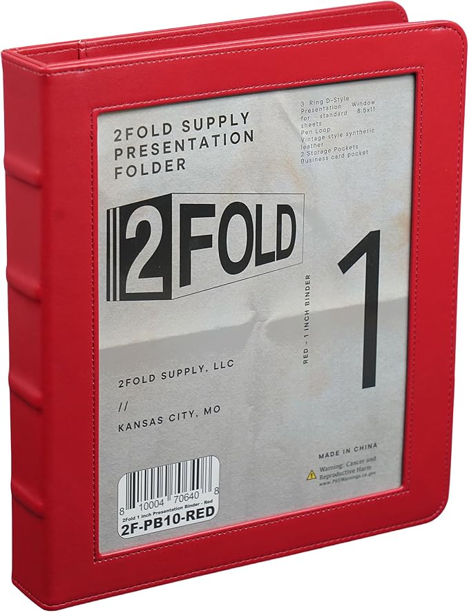 2Fold 3 Ring Binder 1 Inch with Clear Front Pocket - Premium PU Faux Leather Presentation Binder - Extra Storage Pockets for Office Supplies, Business Card Holder, and Pen/Pencil Loop (1 Inch, Red)