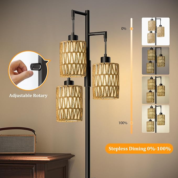 70" Floor Lamps for Living Room, Stepless Dimmable Boho Floor Lamp with 3 Bulbs, Tall Farmhouse Industrial Corner Standing Tree Lamp for Bedroom, Office, Study Room, Rattan with Linen Shade