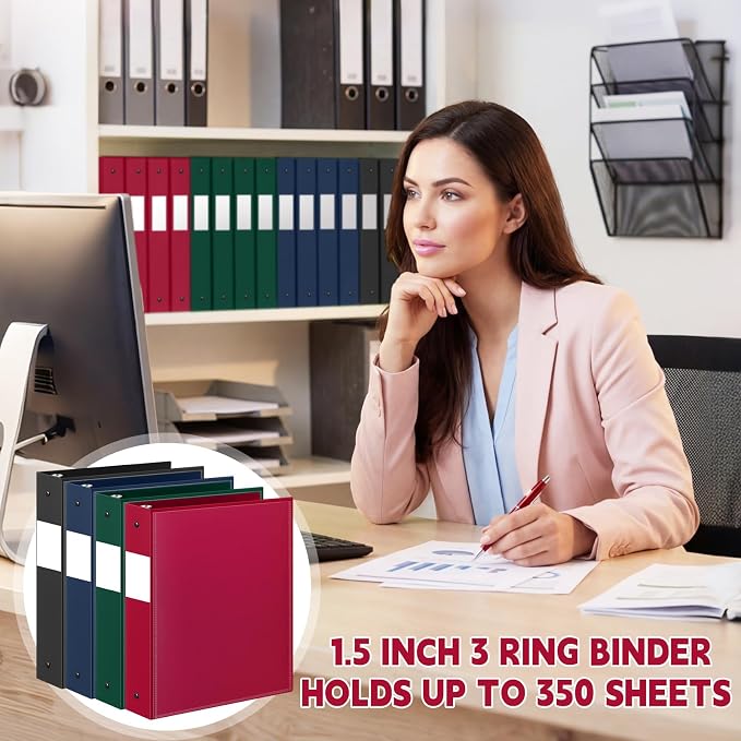 Henoyso 1.5 Inch 3 Ring Binders with Clear Front Cover and 2 Pockets, Round Ring Binders Fits 8.5'' x 11'' Letter Size Paper for School Office Supplies, 12 Pack (Assorted Classic Color)