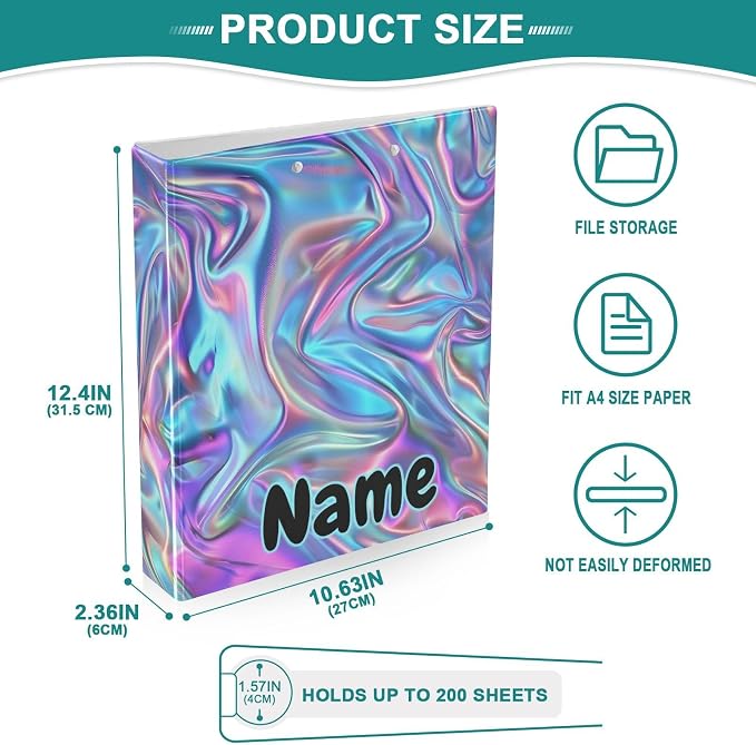 Custom 3 Ring Binder Metallic Liquid Painting Rainbow 1.5" Round Ring Binders Personalized Name View Binder with 200 Sheet for Kids School Supplies Women Men Office, 1 Pack