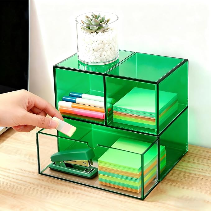 Gelite Desk Organizer with 3 Storage Drawers for Makeup Office Acrylic Desktop Drawer Organizer for Vanity Office Organization and Storage Box, Emerald Green