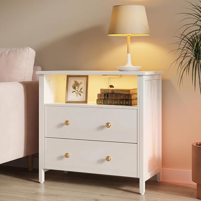 27" LED Nightstand Set 2 with Charging Station, 2 Drawers, White | RGB App Control, 2 AC Outlets & 2 USB Ports, Open Storage, Adjustable Feet, Wood Tall Nightstand for Bedroom or Office