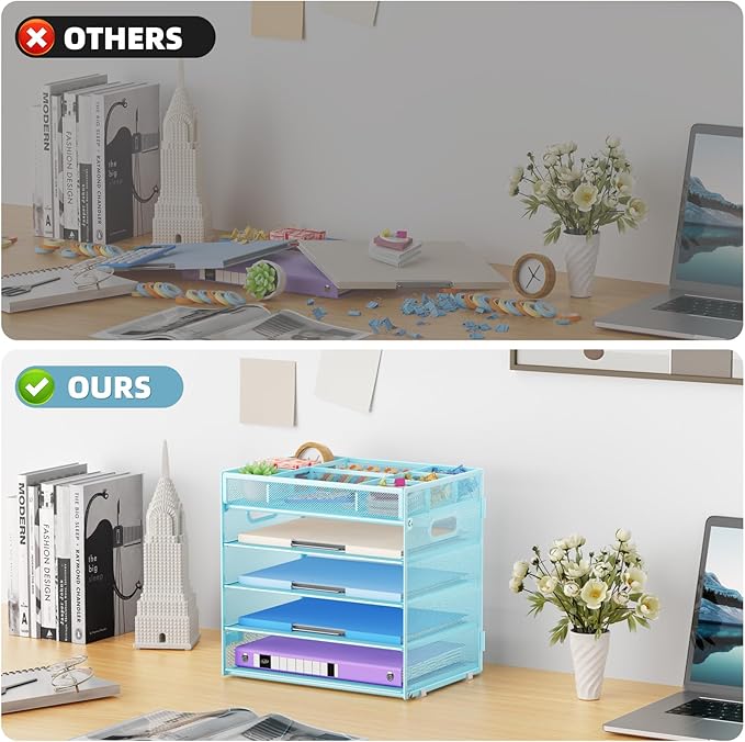 Marbrasse 5-Tier Letter Tray Paper Organizer with Handle, Multi-Functional Mesh File Organizer for Desk, Adjustable Compartments Mesh Desktop Storage for Office Supplies,Blue
