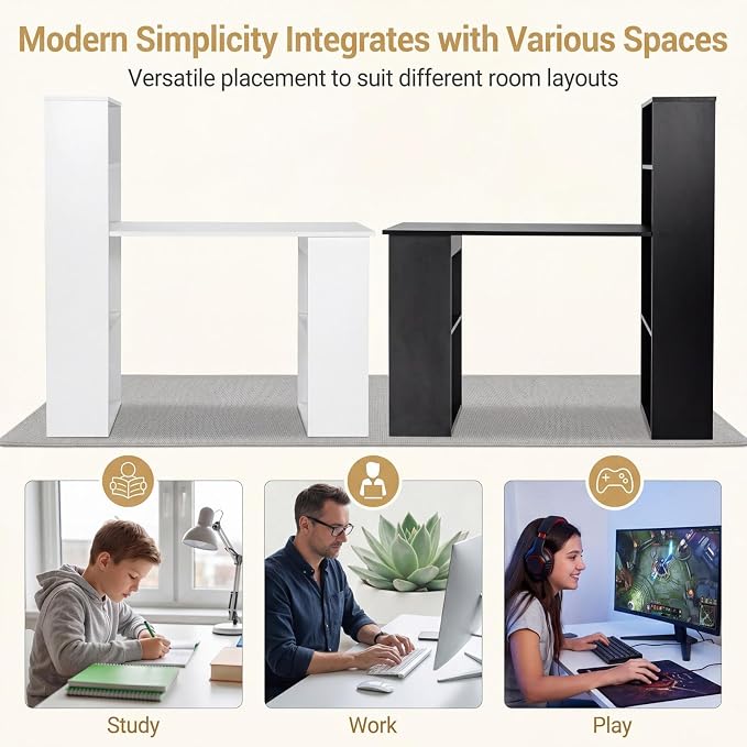 Tangkula White Computer Desk with Bookshelf, Writing Study Desk with Storage Shelves & CPU Stand, Modern Compact Computer Workstation for Home & Office, Space-Saving Design | Modern Compact Workstation w/Bookshelf Storage & CPU Stand, Space-Saving Desi...