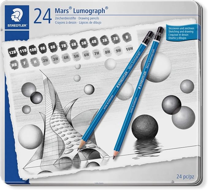 STAEDTLER Mars Lumograph Drawing Pencils: Set of 24 in Metal Case - Presharpened Graphite Art Pencils - Hardness Grades 12B-10H - For Drawing, Shading, Drafting & Illustrating - All Skill Levels