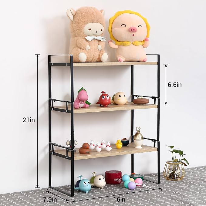 YGYQZ Desk Shelf Organizer for Top of Desk, 3-Tier Desktop Bookshelf, Black & Wood