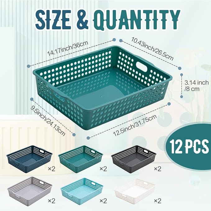 Geetery 12 Pack Classroom Storage Baskets with Handle,Morandi Color | 14''x10'' Paper Tray Holds A4 Turn in Trays Plastic Paper Baskets Desk Organizer Bin for Classroom, Library, Office, Home