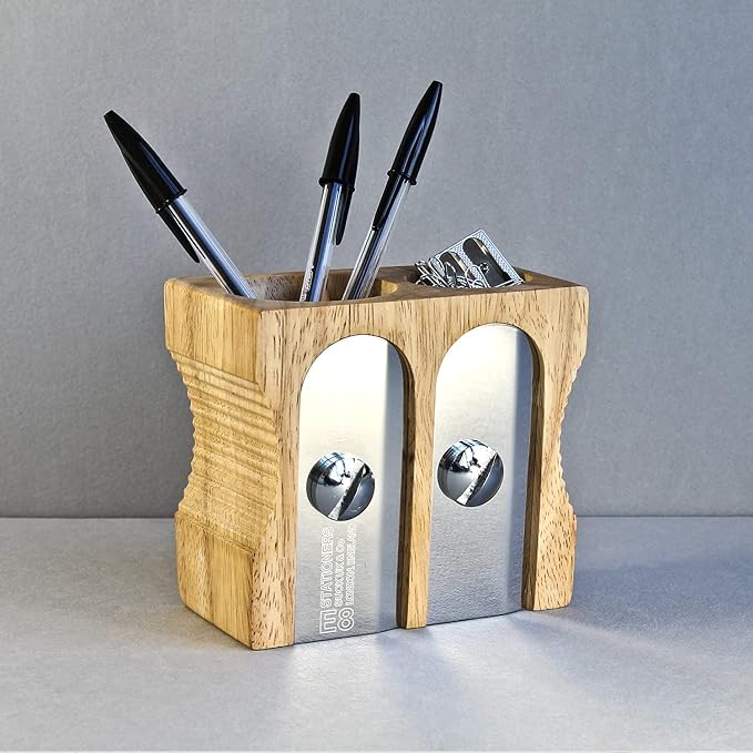 Suck UK Pen Holder - Wooden Pencil Sharpener - Stationary Organiser - Desk Tidy - Quirky Office Desk Accessories - Funny Pencil Pot - Novelty Pen Holder - Vintage Teacher Gifts For Men - Double