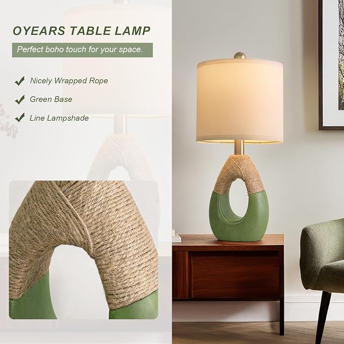 19" Table Lamps Set of 2, Bedside Lamps for Living Room, Lamps for Bedroom, Farmhouse Rattan Table Lamp, Small Space Nightstand Lighting, Rustic Home Office Decor (Green, Bulb Not Included)
