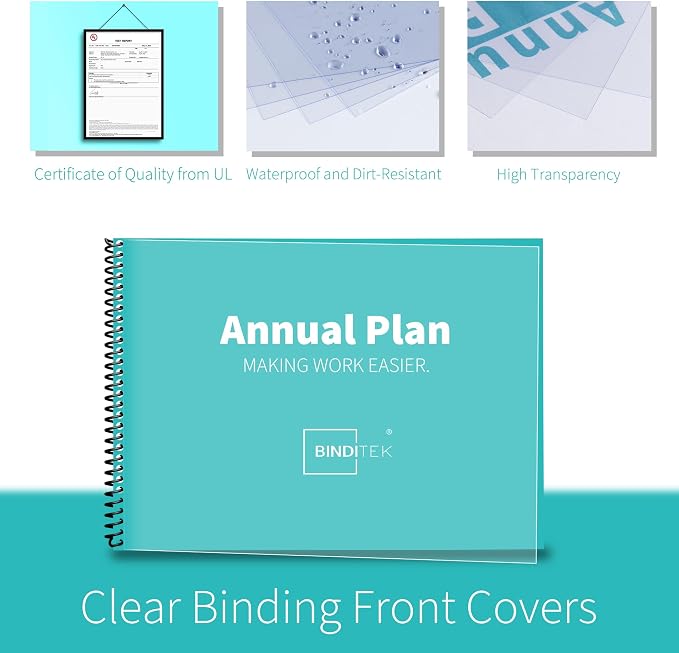 Binditek 100 Pack Binding Covers Set, 11x17 Inches, 10Mil PVC & 16Mil Poly | Binding Covers Set, 11"x17" Ledger/Tabloid Size, 10 Mil Clear PVC Front, 16 Mil Black Poly Back, Square Corners, Unpunched
