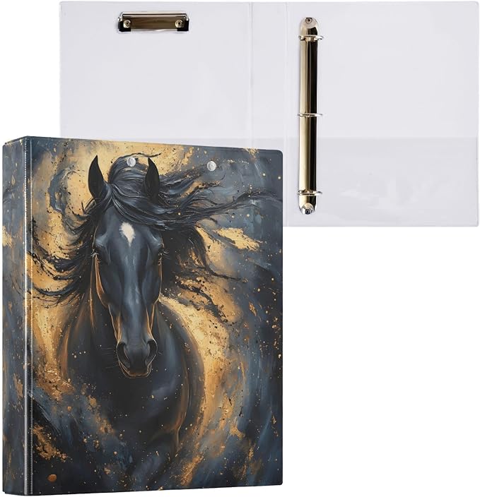 3 Ring Binder Horse Black Pattern a 1.5 inch Binders Three Ring Binders with Clipboard Fit 8.5'' x 11'' Paper 3 Interior PVC Clear Pockets for Office Supplies