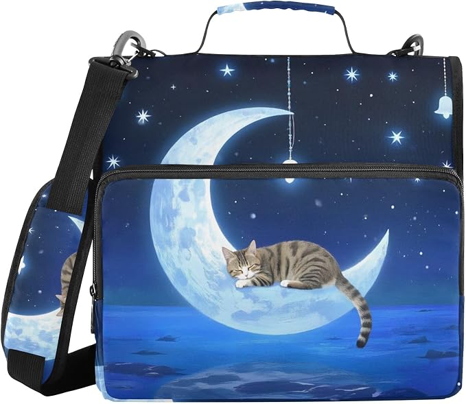 Cat Wind Chimes Moon 3 Ring Zipper Binder Bag Binder Organizer with Handle Shoulder Strap for School Work Office Supplies