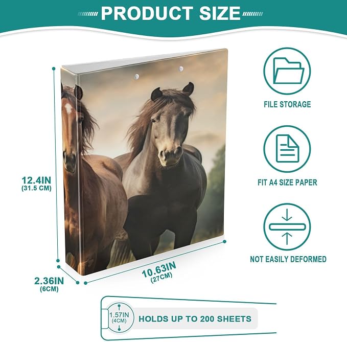 3 Ring Binder, Horses Clipboard Binder with 2 Pockets, 1.5 Inch Three Ring Binder Heavy Duty Round Ring Binders for Office Supplies