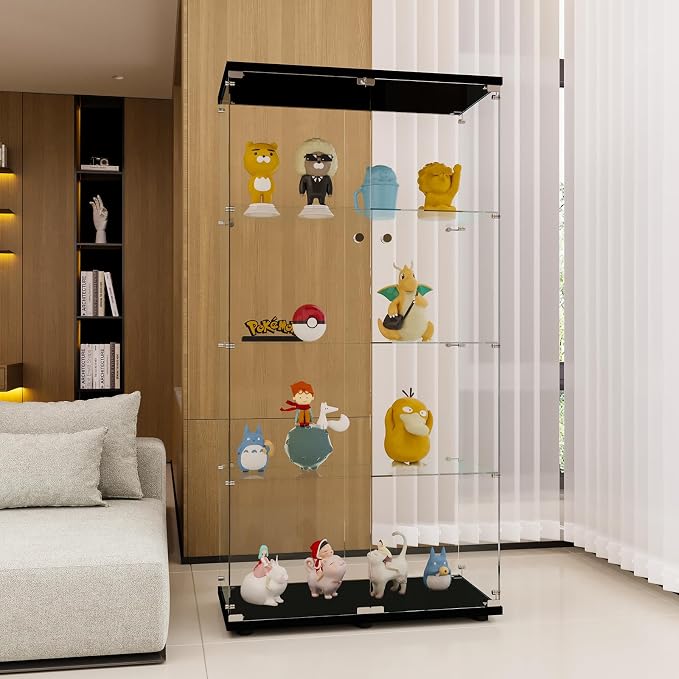 FLYMUHJIA Glass Display Cabinet Kitchen Pantry Storage Cabinet Corner Bar Cabinet with Four Level Double-Door, 64”hx32''lx 14''w Black… NDJG-B