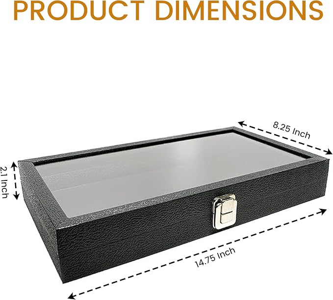 Novel Box Jewelry Organizer Box Black Leatherette 14.75x8.25x2.1 Large Glass Jewelry Box with Lid with Metal Clasp - Gem Display Case - Jewelry Display Case for Necklaces Bracelets Rings Accessories