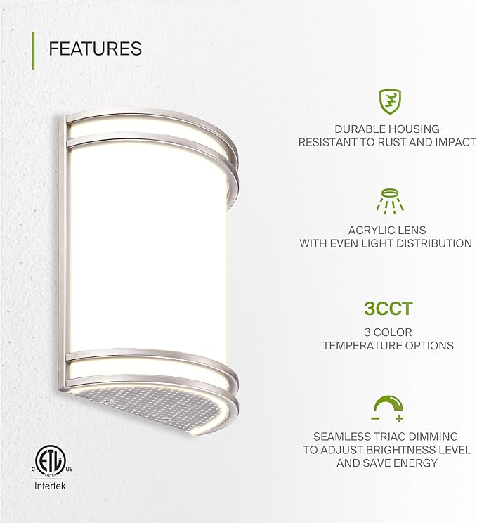 ASD Indoor LED Wall Sconce Lights - 10 Inch 15W Brushed Nickel Modern LED Wall Sconces Hardwired - ETL Dimmable 3000K 4000K 5000K Adjustable Sconce Light Fixture for Bedroom, Hallway, 2 Pack