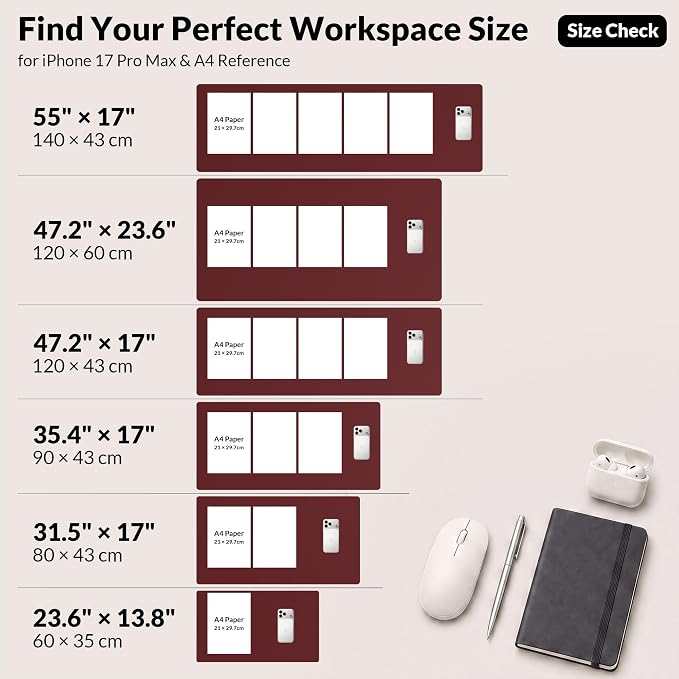 AFIING Leather Desk Pad Protector, 23.6" x 13.7", Red | Dual-Sided Cork & PU Leather, Waterproof, Non-Slip Mouse Pad & Writing Pad for Home, Office, Study & Laptop