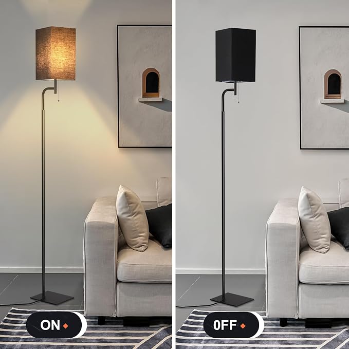 Modern Floor Lamp for Living Room, Black, 3 Color Temperatures, Linen Shade, Minimalist Design, Tall Lamp for Reading, Office, Bedroom | Solid Iron Flat Base, Fits Under Sofas, Compact Spaces, Living Room Bedroom Office