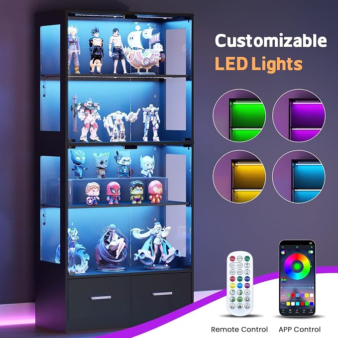 67" Display Cabinet with Glass Doors and 2 Drawers | Black | RGB LED Lights, Pop-Up Glass Doors, Adjustable Shelves, Anti-Tip Design