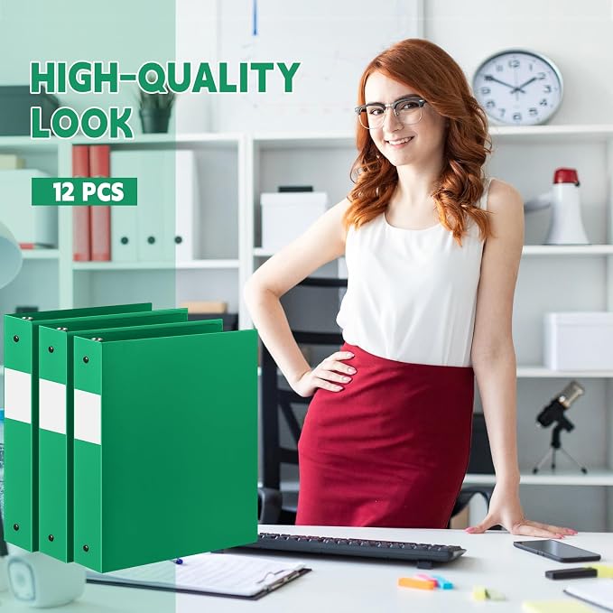 Henoyso 12 Pcs 1.5 Inch 3 Ring Binders, Letter Size,Green | Binders Bulk, Holds 350 Sheets, Round Rings, Durable Flexible PP Plastic Covers, Pockets Labels, School Office Supplies