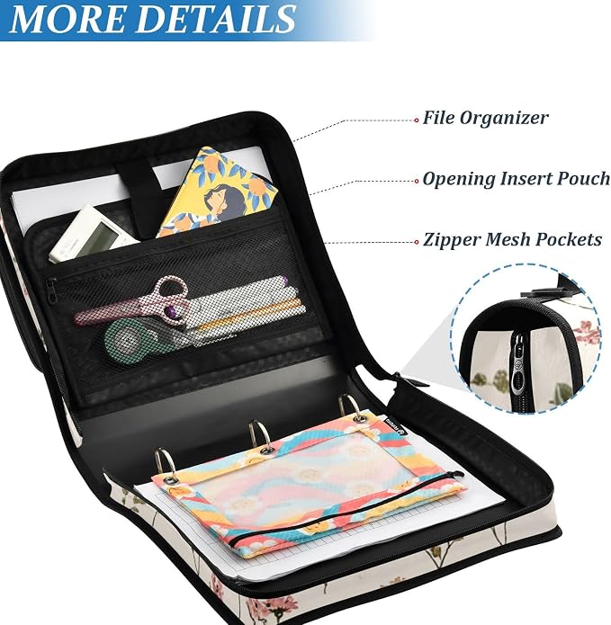 Vintage Wildflorals 3 Ring Zipper Binder with Handle 1.5 inch Binder Organizer, Multi Pockets Office File Folder with Shoulder Strap 500 Sheet Capacity