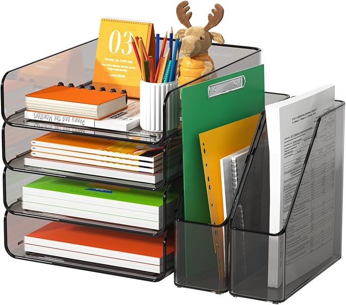 FANXIYQ 4-Tier Brown Acrylic Paper Tray Organizer with 2 Bookends | Tool-Free Stackable 1-4 Tier Design with 2 Bookends for Files, Folders and A4 Paper; For School, Home Office and Study Room