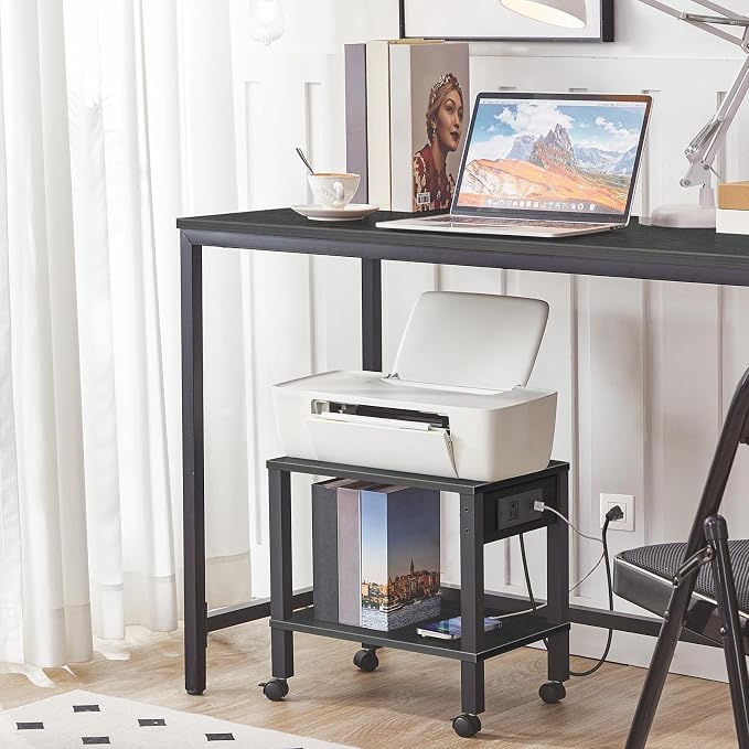 HOOBRO 2-Tier Printer Stand with Charging Station, Under Desk Printer Table, Printer Cart with Storage Shelves, Shelf for Small Spaces, for Home Office, Black BK38UPS01