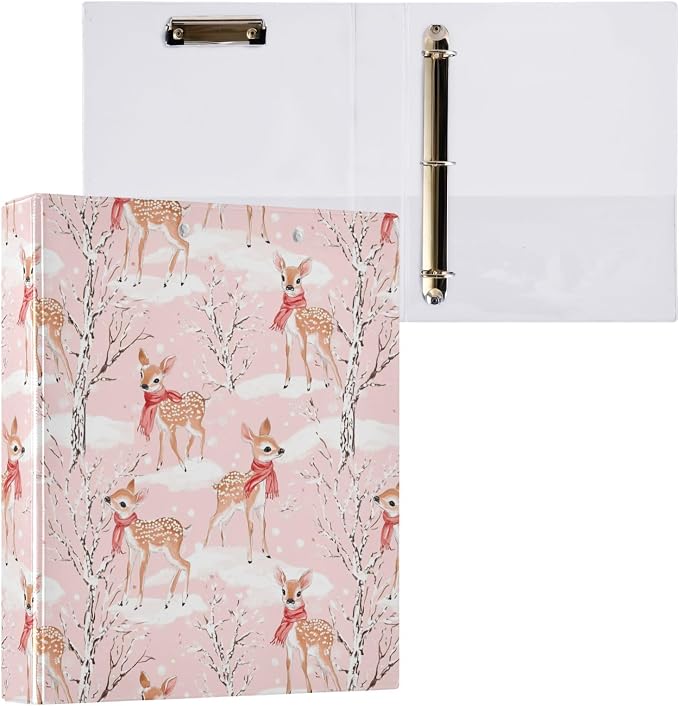 Winter Fawns and Deer Pink 3 Ring Binder 1.5" Decorative D-Ring Binder with Clipboard&3 Clear Pockets, Holds 200 Sheets A4 Size Paper Waterproof Binders for School Home Office|2 Pack