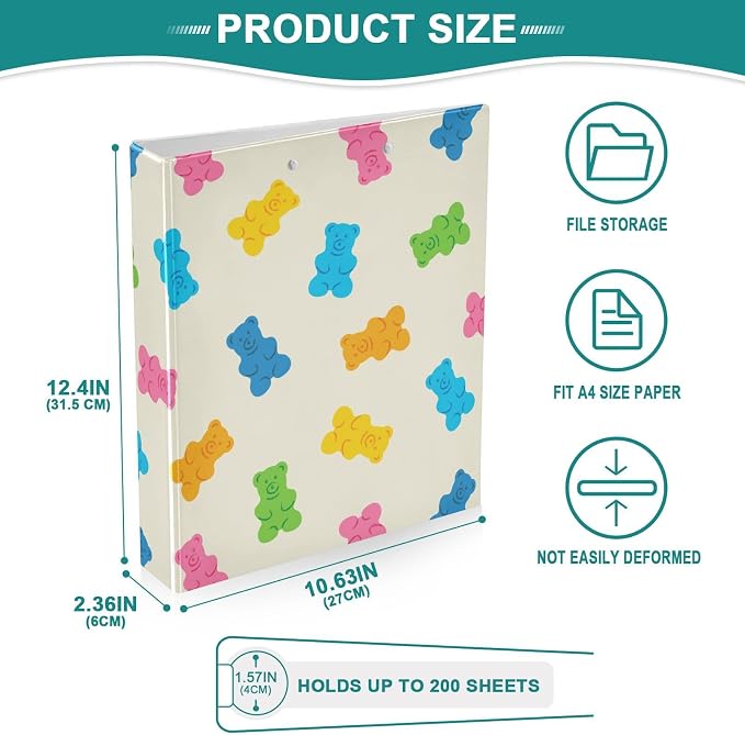 3 Ring Binder 1.5 Inch Gummy Bear Jelly Candy Colorful Clipboards Binders with Interior Pockets Round Ring Binder for Office Supplies and School 1 Pack