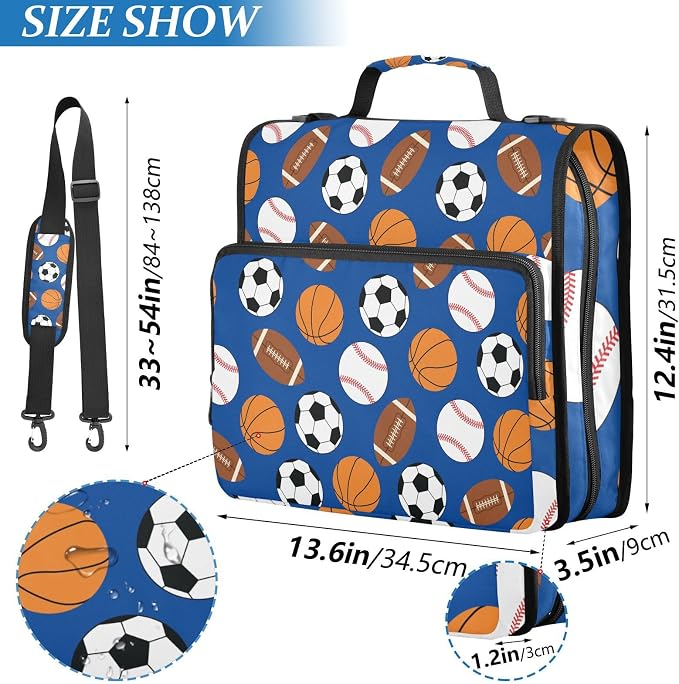 Sports Football Baseball Pattern 3 Ring Zipper Binder with Shoulder Strap & Handle 2 Inch D-Ring Zippered Binder Bag with Multiple Pocket & Pencil Pouch, Binder Organizer for School or Office