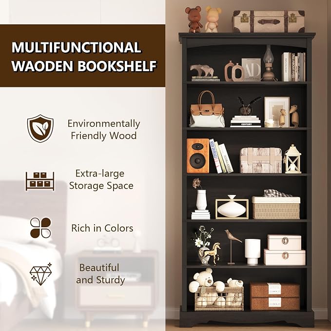 TVU 6-Tier Wooden Bookshelf, 76 Inch Tall Bookshelf with Storage, Floor Standing Modern Style Display Bookcase for Living Room, Office, Study Room, Entryway, Black