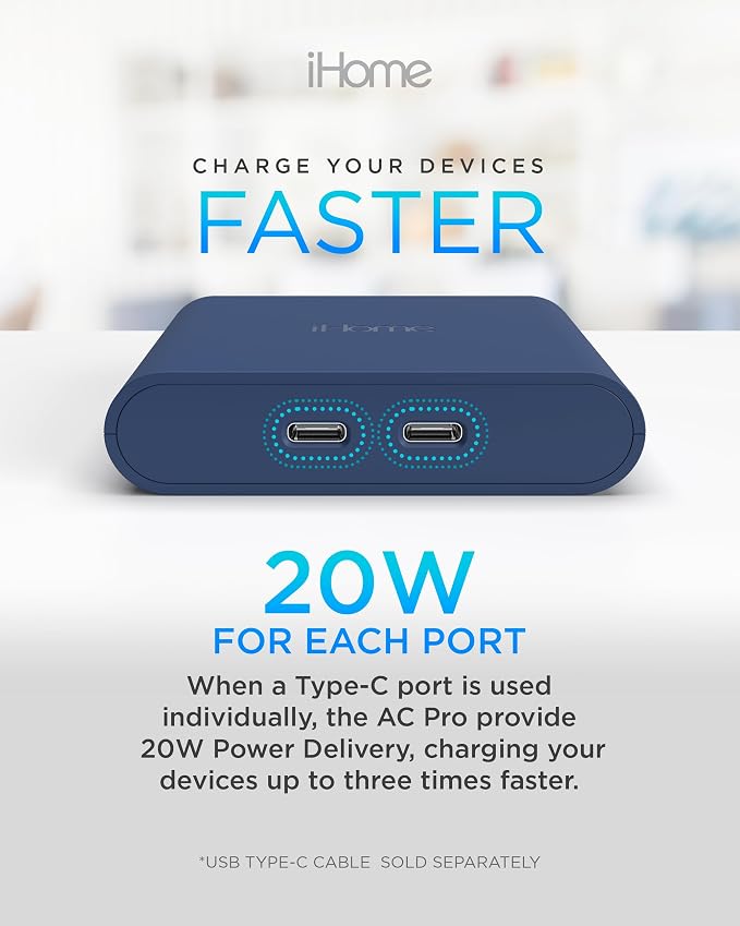 iHome Multiport 40W USB-C Charger, AC Pro 2-Port Flat Block, Dual Fast Charging Wall Adapter | Foldable Prongs, Fast Charging, 2.5x Faster, Charges iPhone, Android, iPad, AirPods, 2 USB-C Ports, Multiport Plug for Home