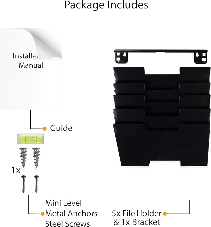 Wallniture Lisbon Wall Mounted File Holder Organizer, 5-Tier Metal Office Organization and Storage Rack, Wall Mount File Holder, Magazine Holder and Office Decor, Black