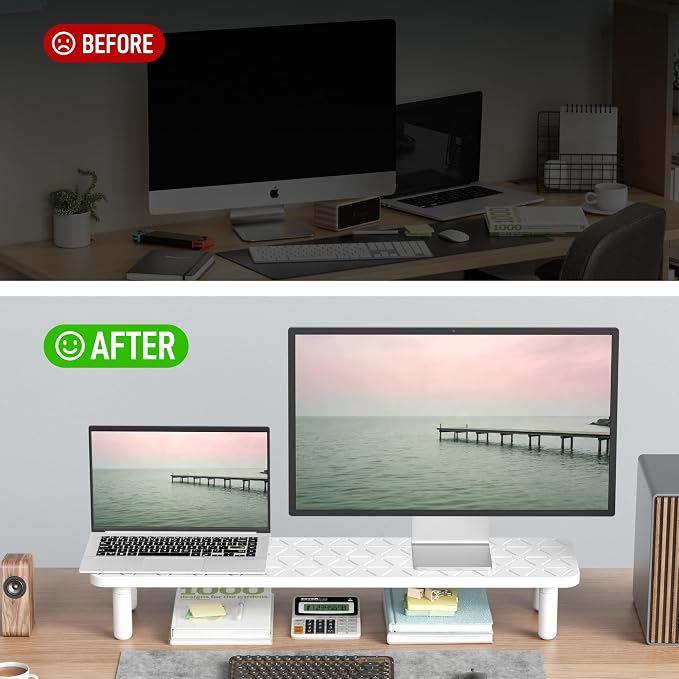 AFOOYO Dual Monitor Stand For Desk,31 Inch Adjustable Wood Computer Riser Desktop Storage Stand For Computer,Laptop,Printer,TV,White Grid