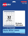Avery® Matte White Rectangle Labels, Sure Feed® Technology, 1" x 1.5", 1,600 Matte White Printable Labels