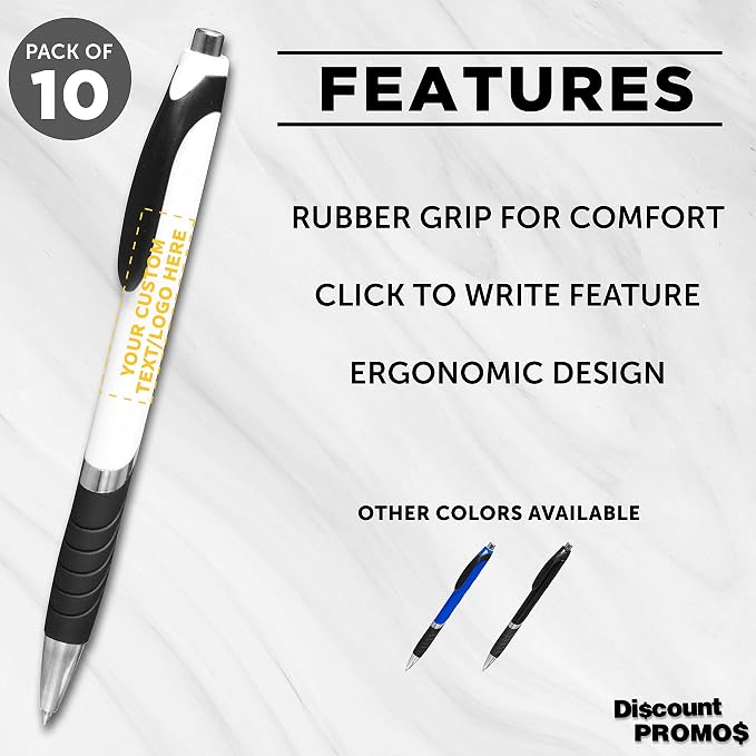 DISCOUNT PROMOS Ballpoint Pens With Rubber Grip - 10 pack - Customizable Text, Logo - Black Ink Ball Point Pen with Soft Touch Plastic - White