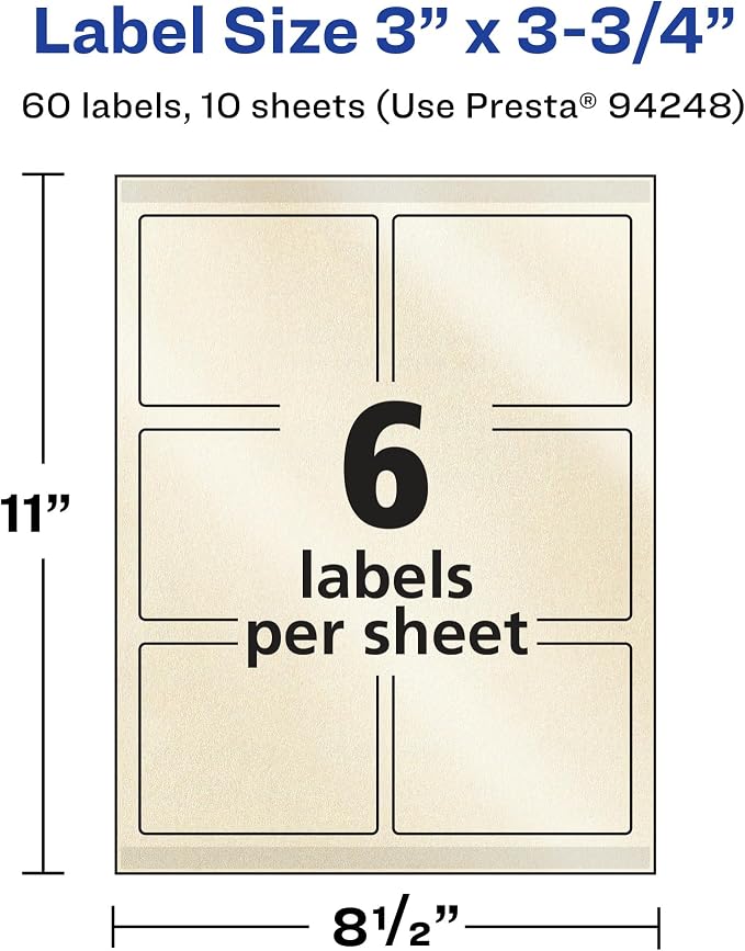 Avery® Pearlized Ivory Rectangle Labels, Sure Feed® Technology, Print-to-The-Edge, 3" x 3.75", 60 Pearlized Ivory Labels, Laser/Inkjet Printable