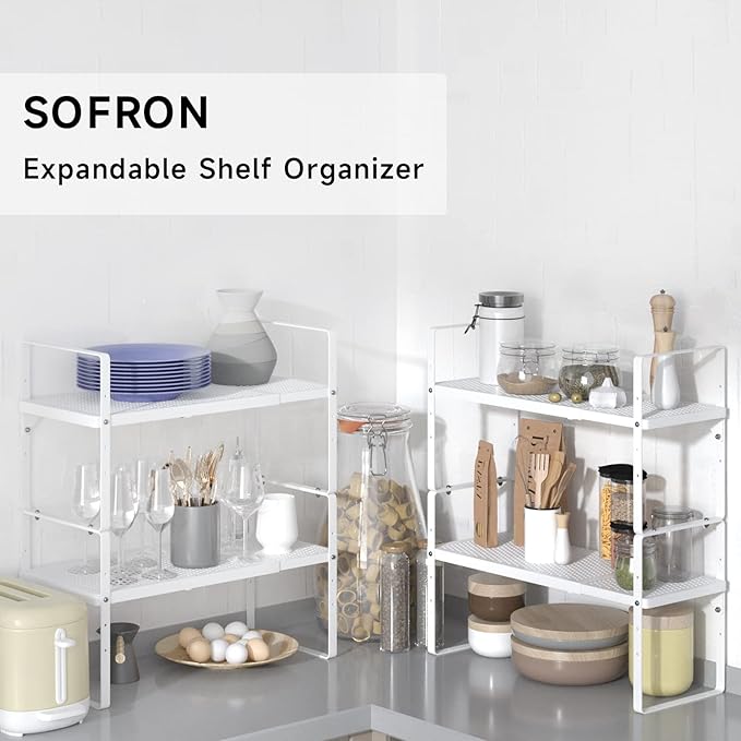 SOFRON Expandable Cabinet Storage Shelf Stackable Organizer Rack for Kitchen Bathroom Pantry Spice Cupboard Coffee Countertop Home Office Desk Heavy Duty Nonslip White Large 3 Packs