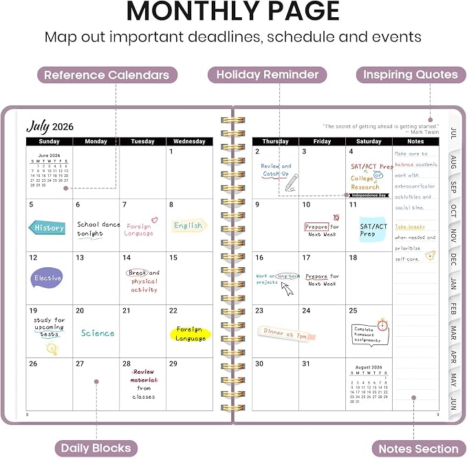 Taja Planner 2026-2027, Jul 2026-Jun 2027 Monthly & Weekly Calendar Book | 6.3" x 8.5", Hardcover Academic Calendar with Tabs, Teacher Student Agenda Book for School Office Supplies - Boho Purple