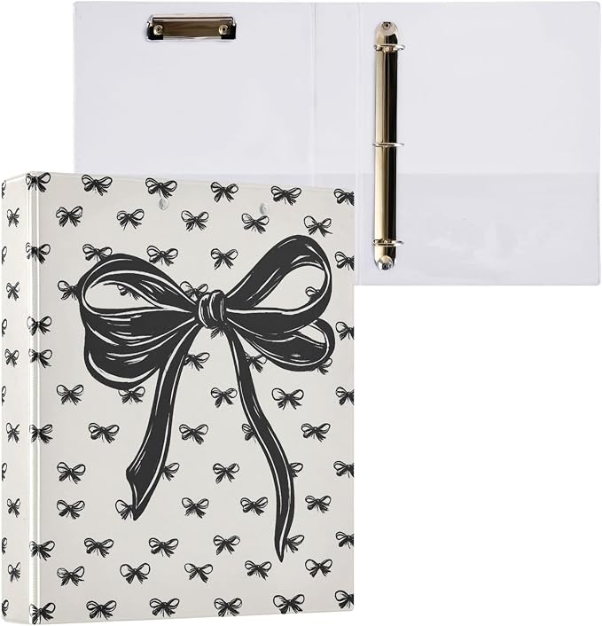 Bow White Black Coquette Round Ring Binders 1.5 Inch Bowknot Doodle Pattern 3 Ring Clipboard Binder for Office School Work Supplies File Folder Document 200 Sheet Capacity Easy Open 2 Pieces