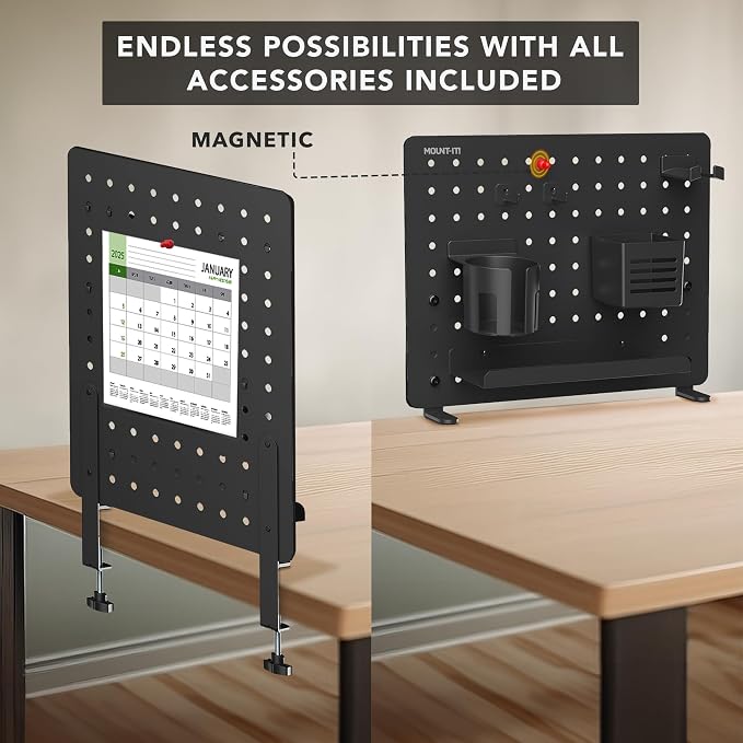 Mount-It! Clamp-On Magnetic Pegboard Organizer, 16.5x15.9 | No-drill desktop storage with 7 accessories, vertical or horizontal mount for home office, gaming & crafting, black.