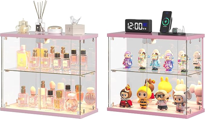 Dystler 2pc Glass Display Case with LED Lights, Small 2-Tier for Figures | Lighted Display Cabinet with Motion Sensor, Clear Tempered Glass Door, USB-C Charging Hub for Collectibles, Rocks, Tabletop