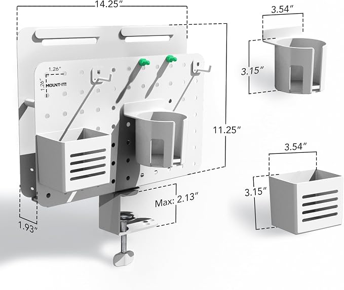 Mount-It! Desk Pegboard Organizer, 360 Rotation, White | Clamp-on desk storage with cup holder, pen holder, hooks & magnets for home office, workshop & crafting stations.