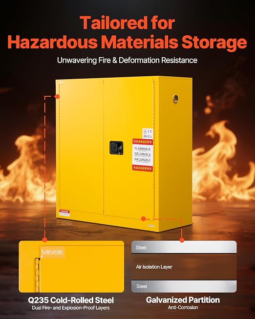 VEVOR Flammable Cabinet 18" x 43" x 46", 29 Gallon Flammable Storage Cabinet with Adjustable Shelf, Cold-Rolled and Galvanized Steel Fire Cabinets, for Commercial Industrial Home Use, Yellow